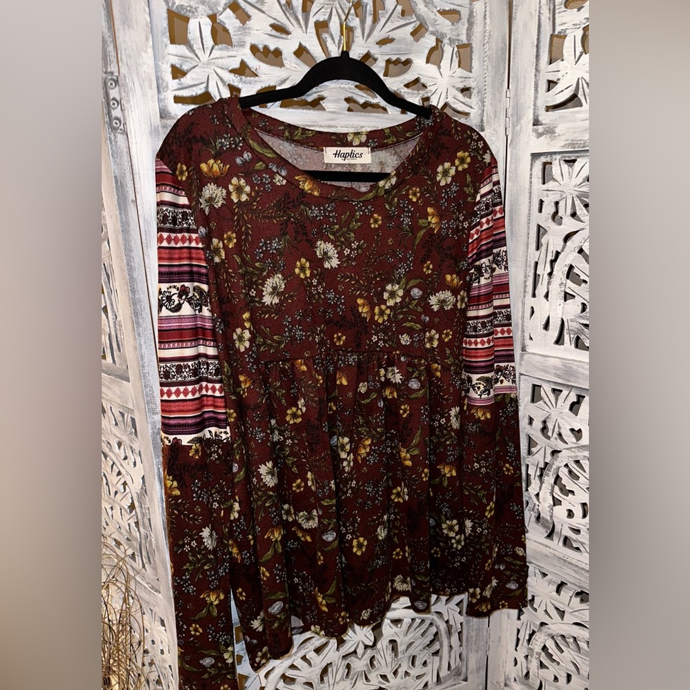 Plus size wine and olive floral babydoll hacci ethnic sleeve top 1x